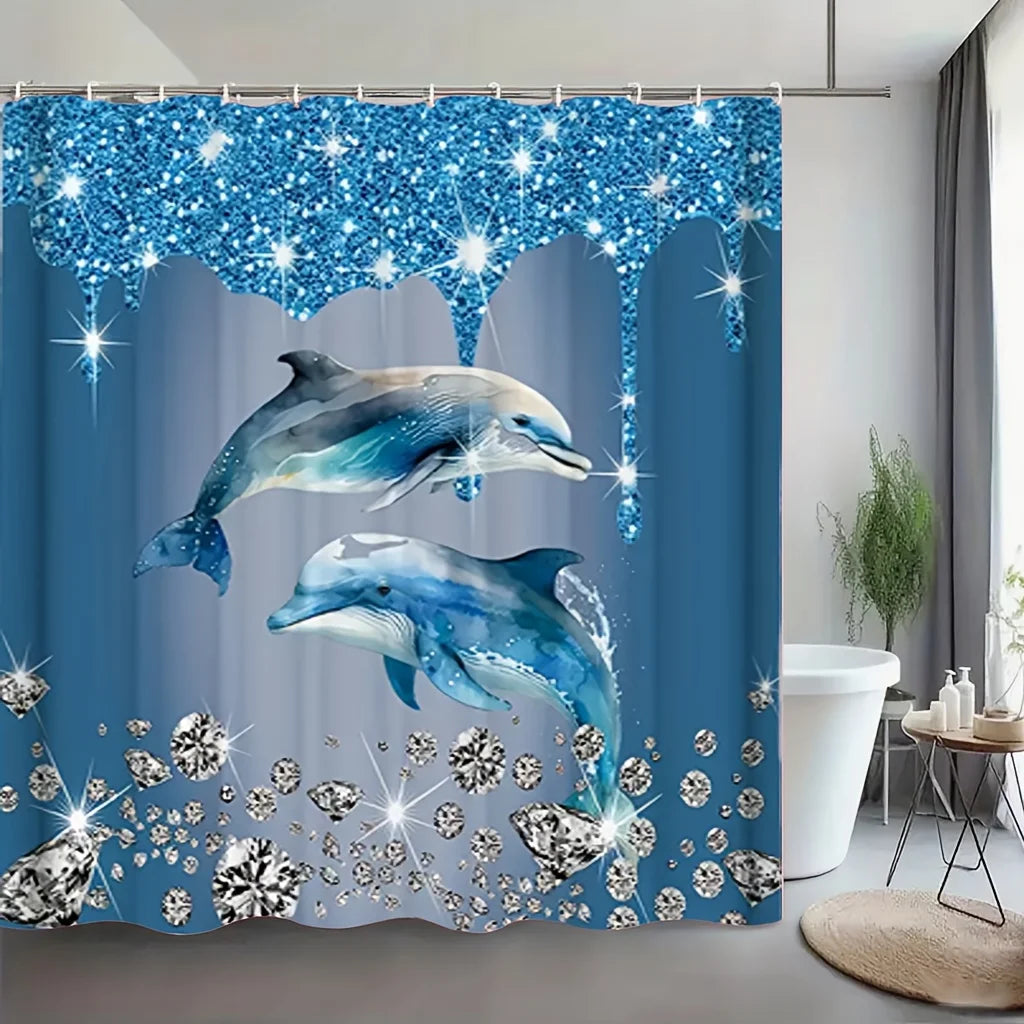 rideau douche bleu dauphins diamants moderne opacité polyester