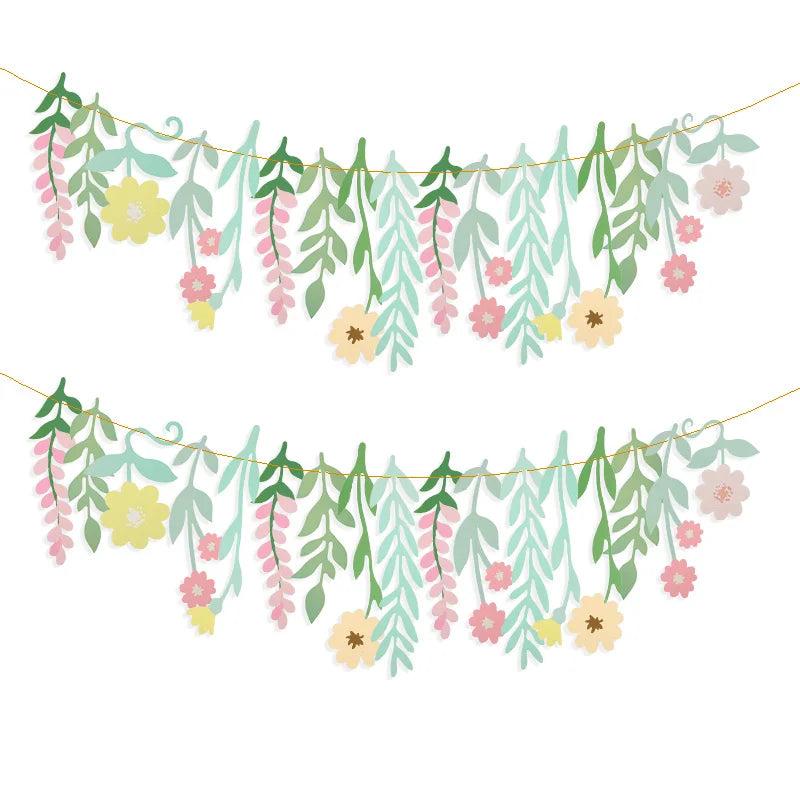guirlande papier feuilles fleurs vert rose jaune pêche floral enfantin festif fil doréscrição