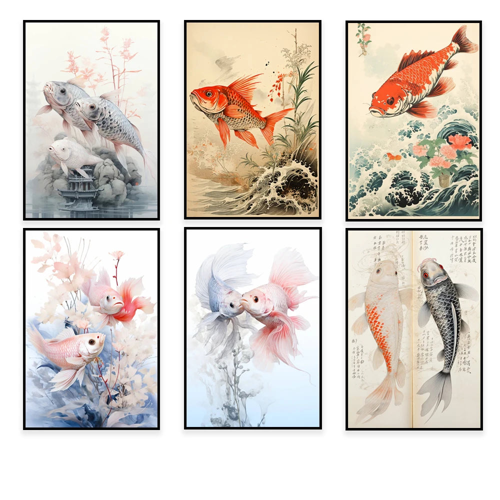 Cette série d'illustrations aquatiques met en scène de magnifiques poissons koi dans des paysages naturels aux couleurs vives et harmonieuses, reflétant la beauté et la grâce de ces créatures aquatiques.