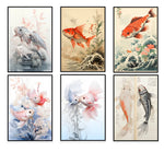 Cette série d'illustrations aquatiques met en scène de magnifiques poissons koi dans des paysages naturels aux couleurs vives et harmonieuses, reflétant la beauté et la grâce de ces créatures aquatiques.