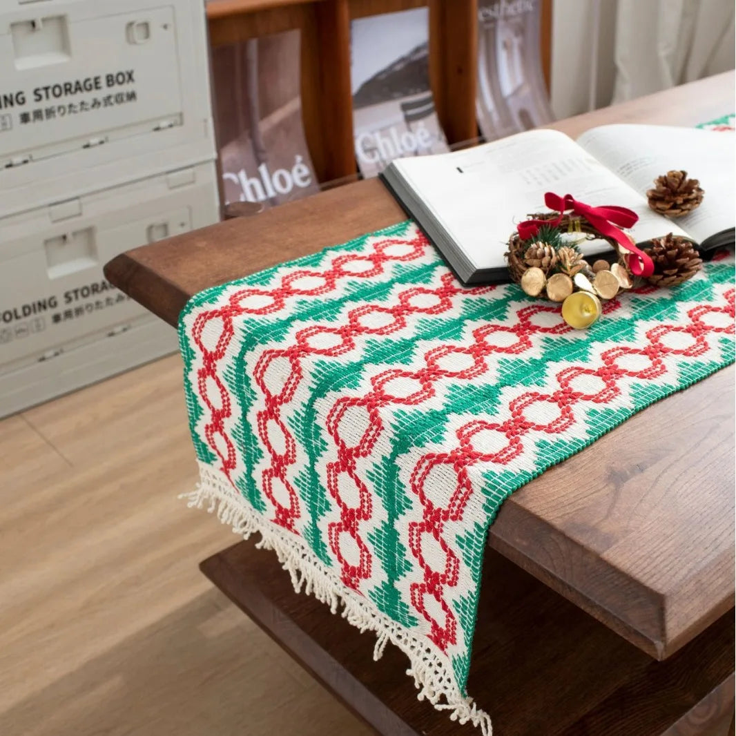 chemin table moderne motif géométrique vert rouge blanc polyester coton décoration table maison