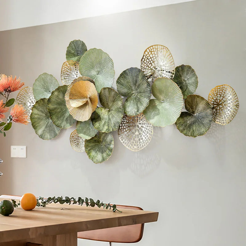 Décoration murale fleurs en métal vert clair - Œuvre d'art murale 3D pour intérieur