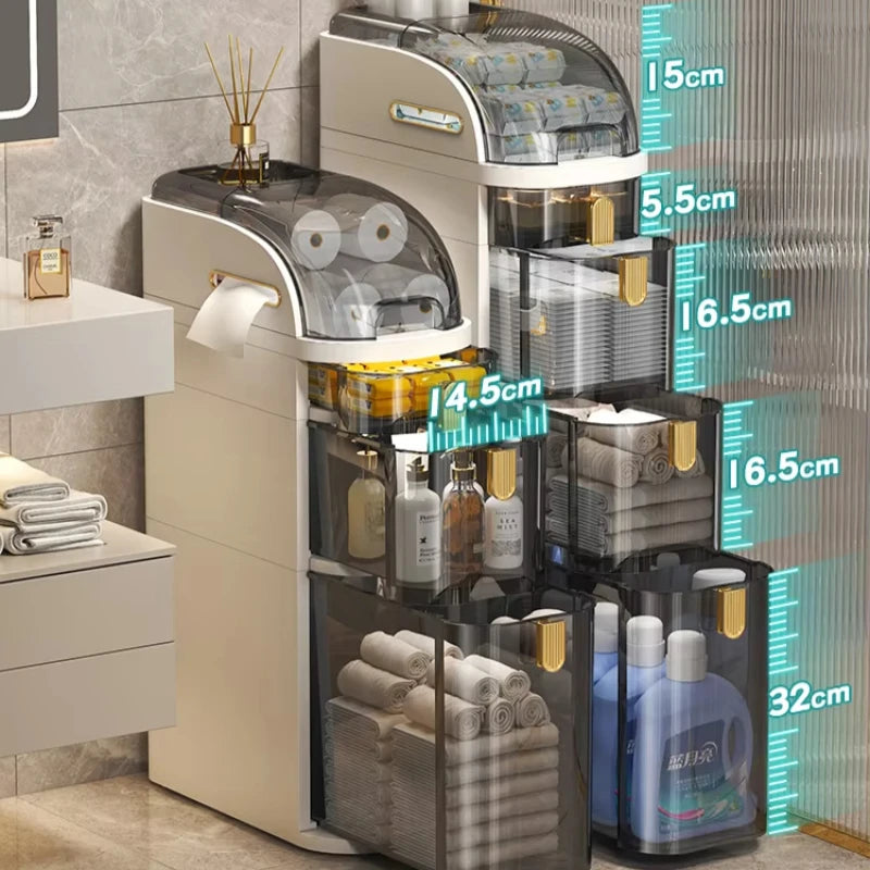 rangement salle bain moderne étages adhésif compartiments transparent beiges gris produits toilette papier serviettes