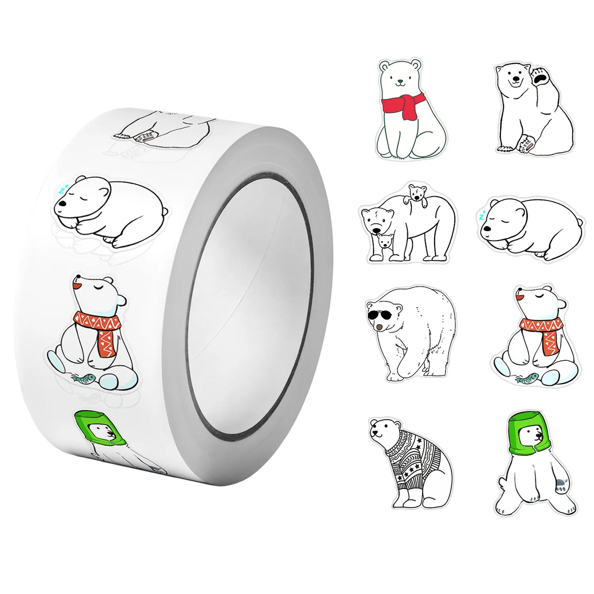 sticker ours polaire décalcomanie dessin animé adhésif 500 pièces rouleau blanc gris rouge vert
