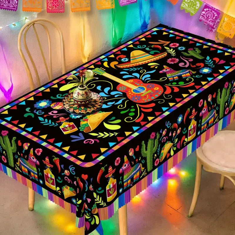 nappe mexicaine folklorique multicolore motif traditionnel cactus fleurs sombrero guitarrette table festive jours morts
