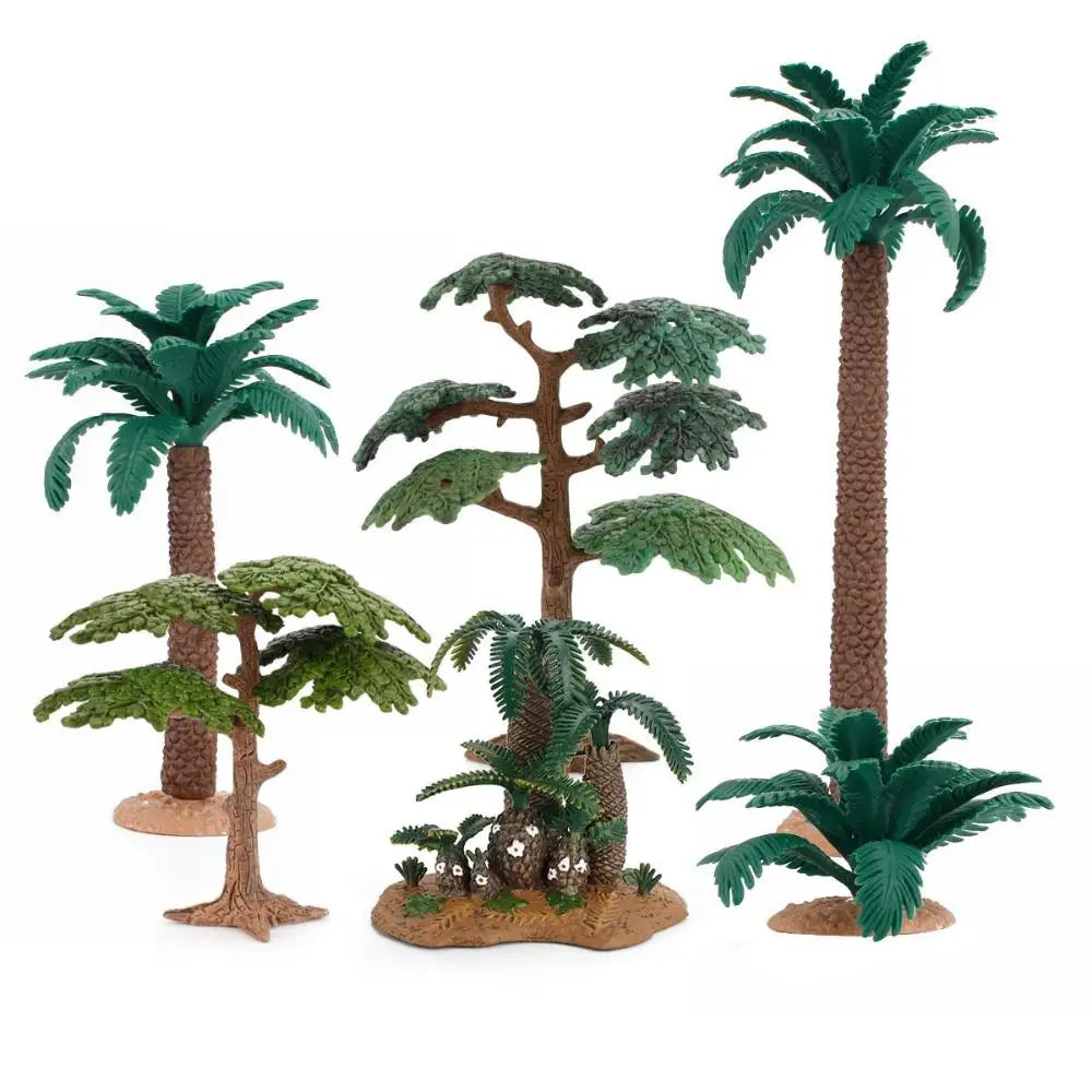 plantes artificielles réalistes feuilles larges troncs texturés base terreuse opacité vert brun jardin miniature