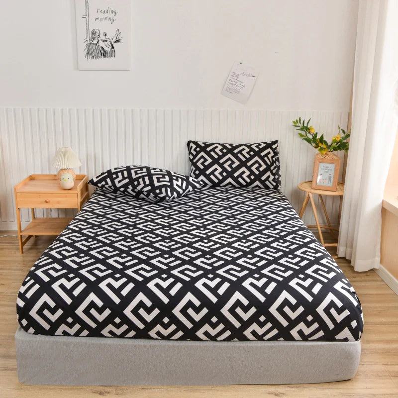 ensemble literie moderne noir blanc motif géométrique drap housse couette deux taies oreillers bord
