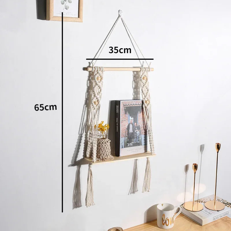 étagères suspendues macramé boho rustique étagères plantes vase céramique cadre photo coussin franges