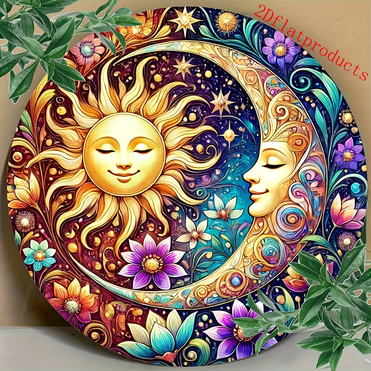 décoration murale bois soleil lune fleurs oiseaux étoiles or argent bleu rouge Jaune Blanc