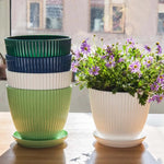 Pots fleurs modernes rayés bleu vert blanc soucoupe plastique opaques
