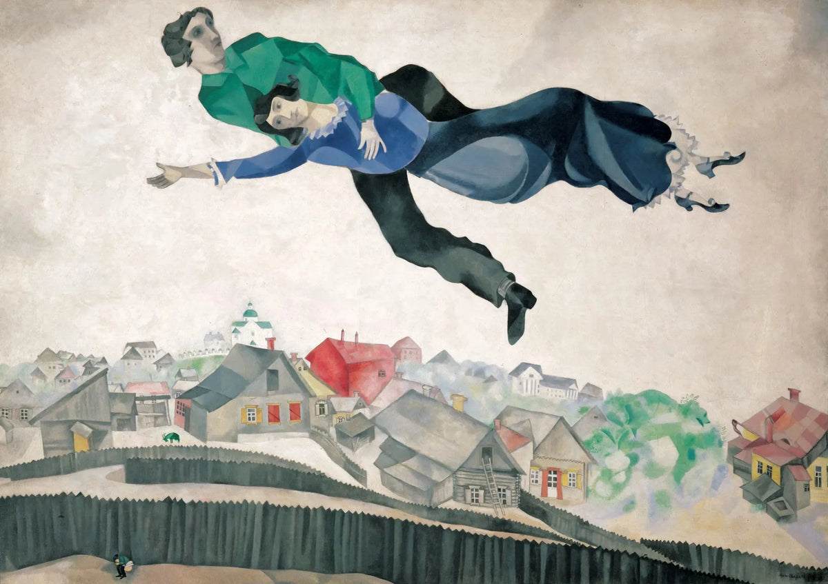 toile d'art illustration deux personnes volant village contemporain vert bleu gris beige noir