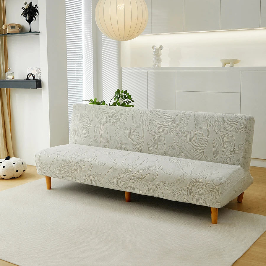 housse canapé lit gris motif feuilles jacquard polaire douce rubans fixation moderne