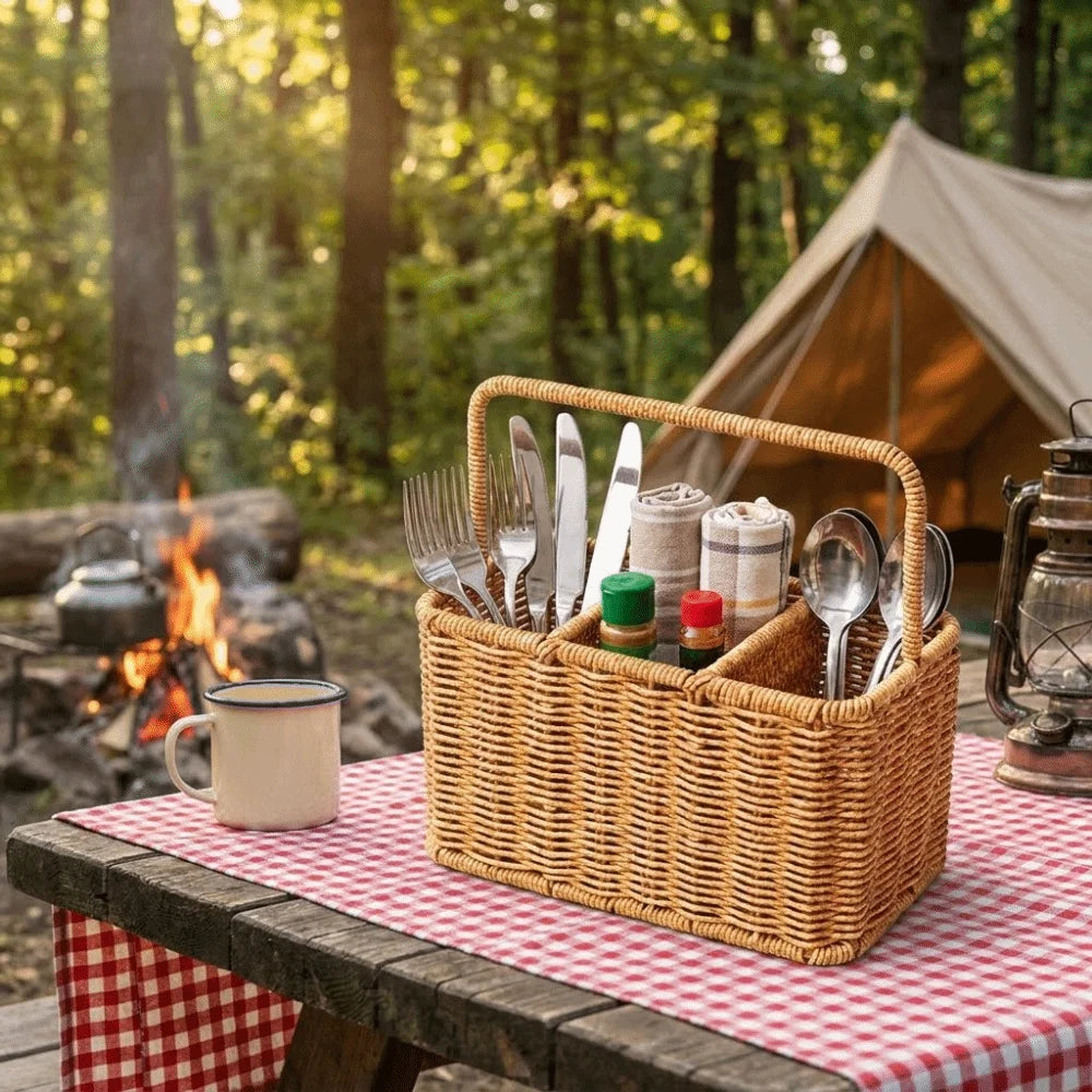 panier osier tressé rustique naturel poignée fourchettes cuillères couteaux pots épices serviettes plats verres