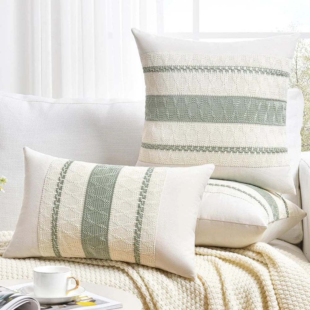 taies d'oreiller polyester vert clair rustique rayures horizontales non toxique respectueux environnement maison hospitalière