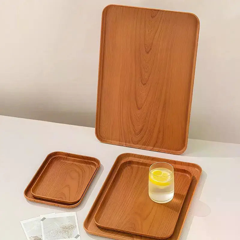plateau service alimentaire plastique imitation bois moderne minimaliste marron clair foncé règle intégrée empilable