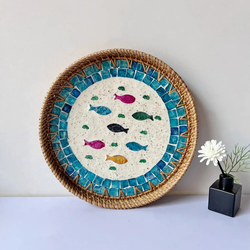 assiettes decoratives boho mosaïque coquillages naturel artisanal floral table mur decoration