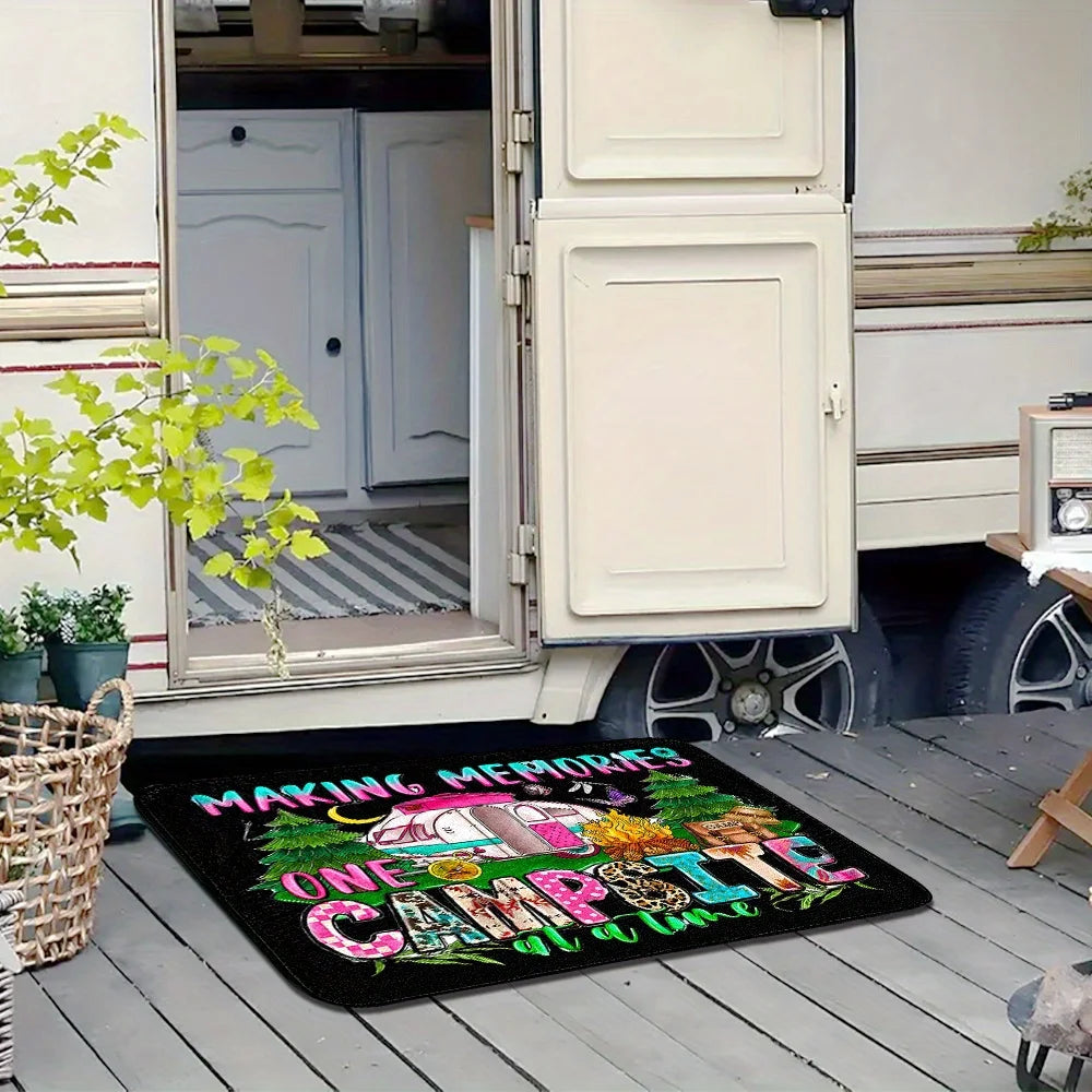 tapis sol moderne imprimé camping noir rose blanc vert bleu beige doréextérieur porte