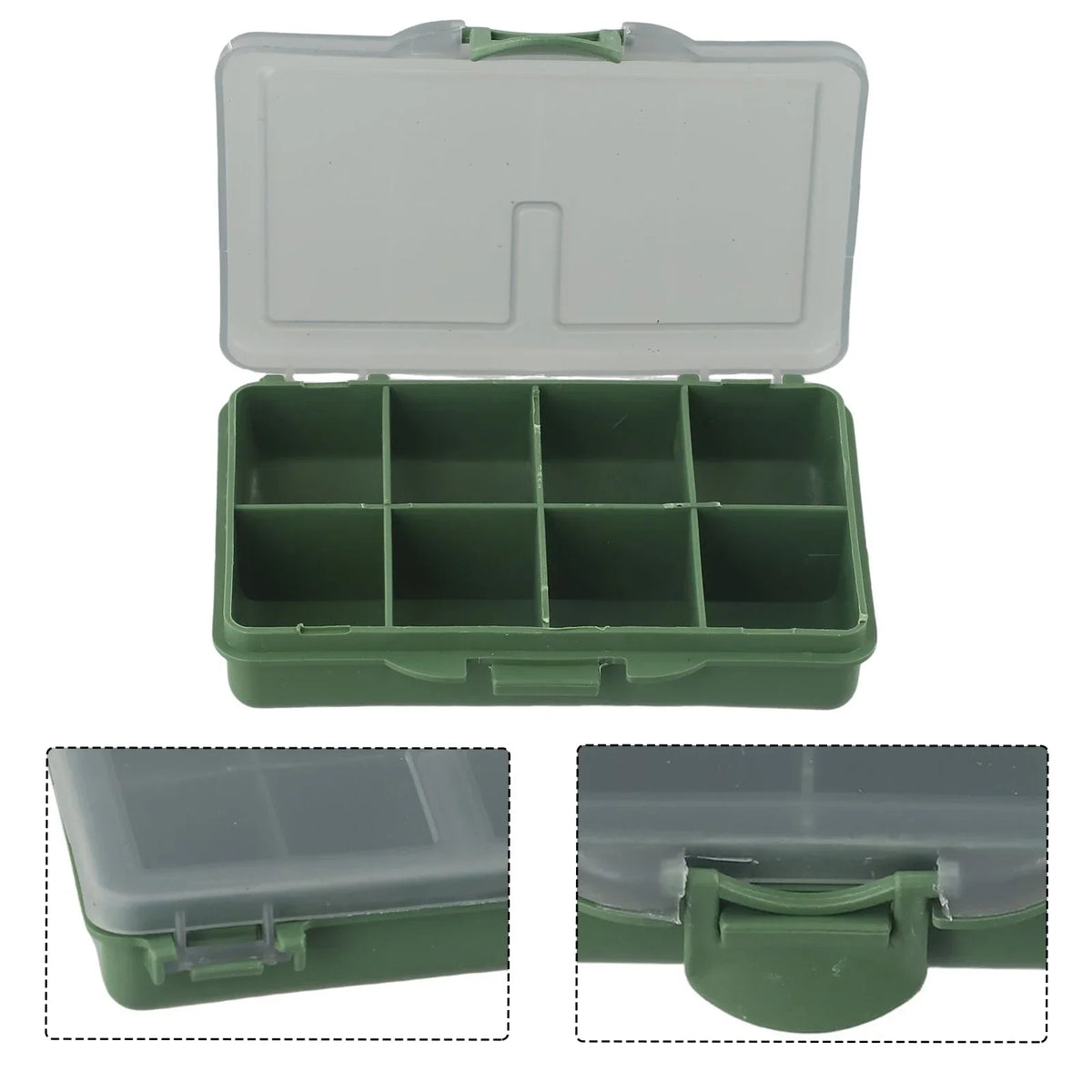 boîte pêche compartiments vert gris plastique lisse pratique compact poignée