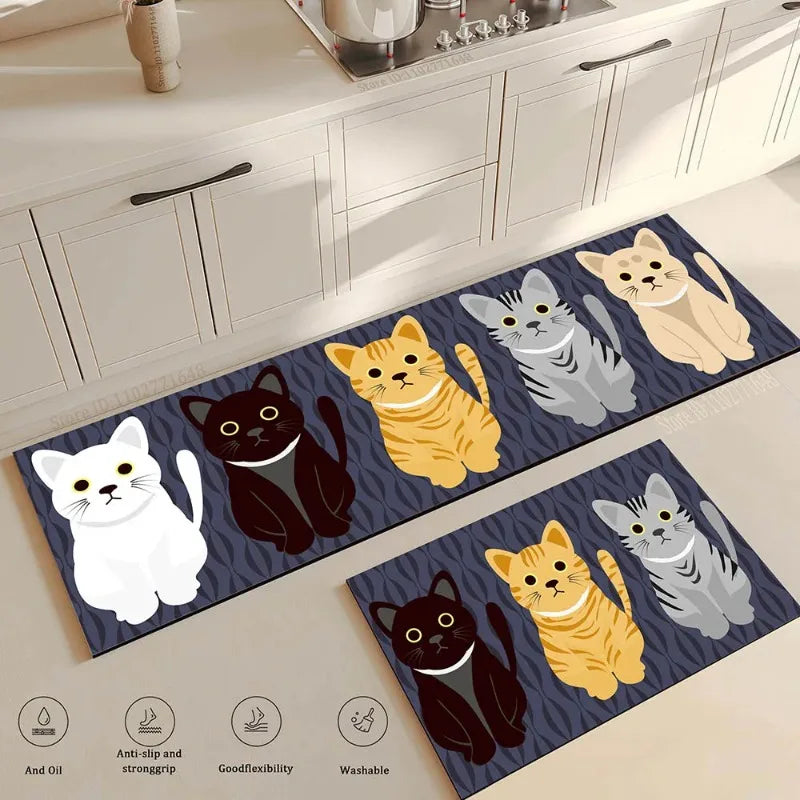 tapis moderne cuisine dessins animés chats bleu gris blanc rose noir Fresh Kitchen Happy