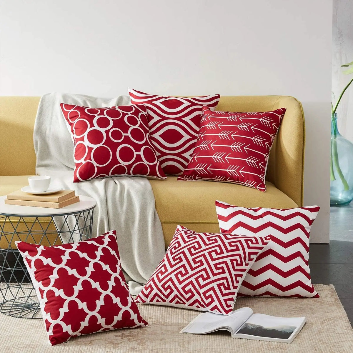 housse coussin carré lin imprimé géométrique moderne rouge blanc 45x45cm
