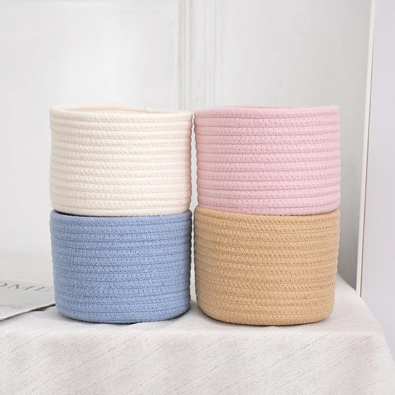 corbeilles tissées réutilisables rangement moderne beige blanc rose bleu vert respectueux environnement multiple utilisations