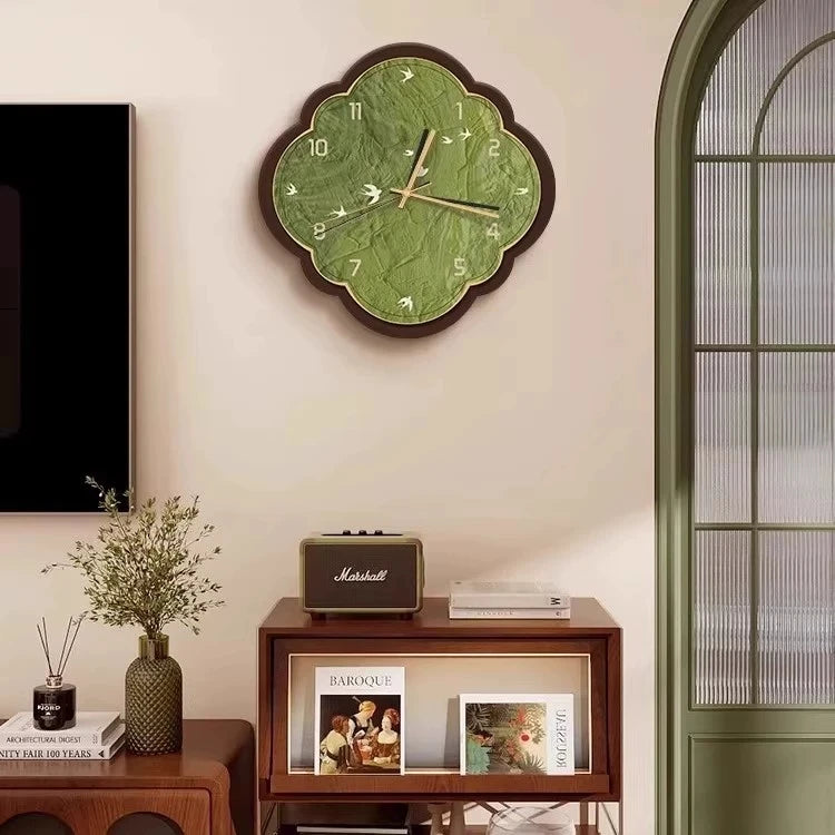 horloge murale moderne motif feuilles vert clair bois bambou salon étude quartz aiguille