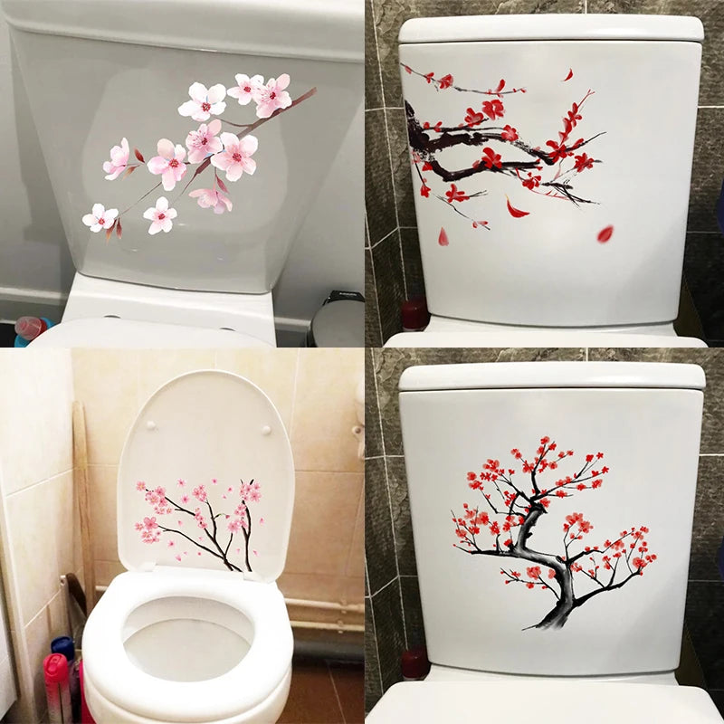 autocollant mural fleurs cerisier blanc branches noires salle bains toilettes salon résistant eau classique
