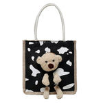 sac main toile vache motif moderne ours peluche poignées corde blanc noir tendance portable