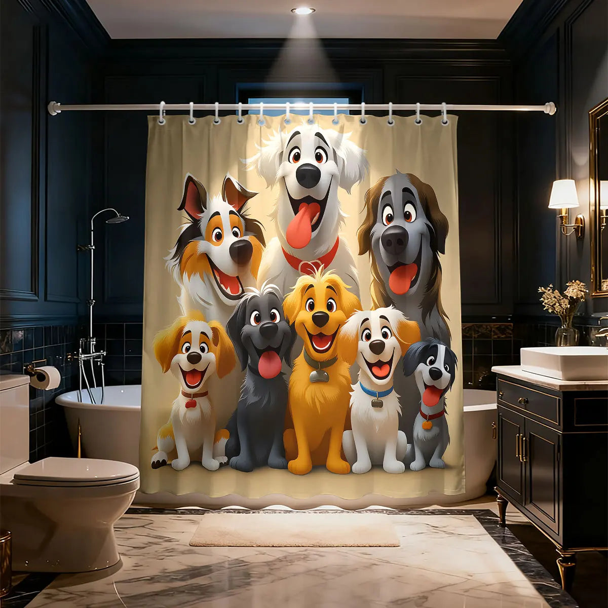 rideau douche moderne illustration chiens mignons opaque polyester crochets blancs beige multicolore salle bain
