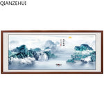 tableau paysage montagneux peinture traditionnelle coton nuages eau texte chinois vert bleu blanc gris
