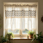 rideau lin beige noir broderie géométrique bordure dentelle classique vintage translucide cuisine fenêtre