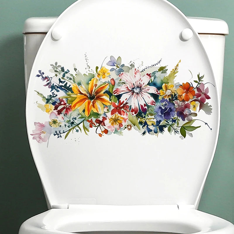 cache wc blanc fleurs colorées adhésif auto collant imperméable décoration salle bain hygiène
