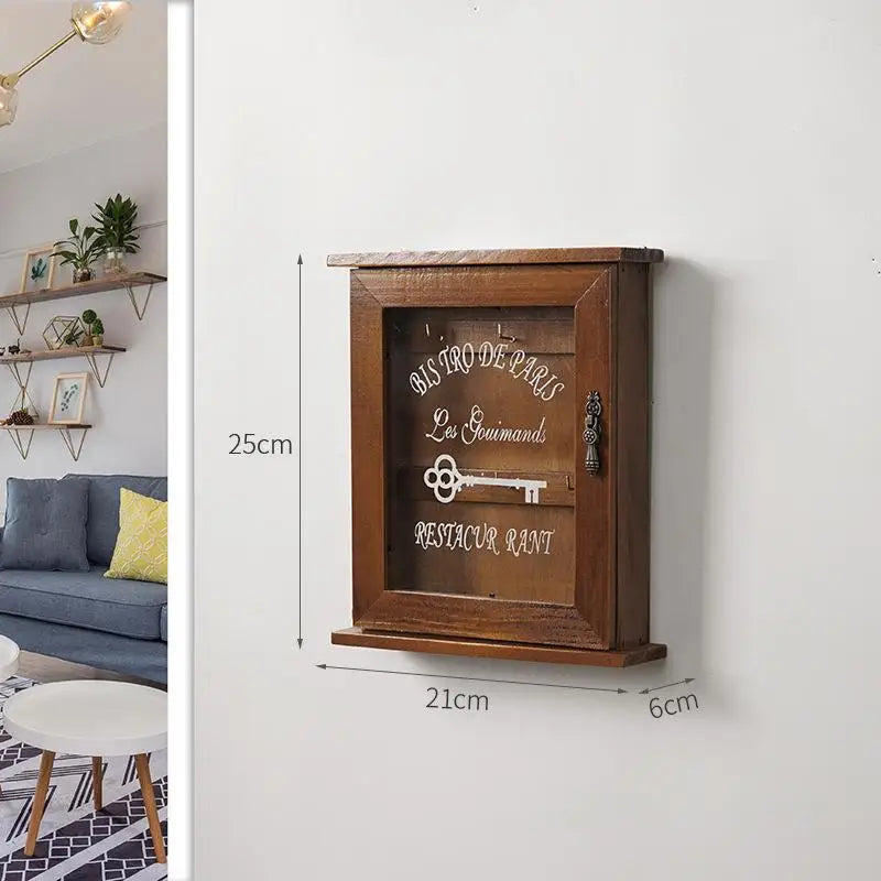 boîte rangement clés bois marron clair verre opalin rustique armoire murale couteau mesureur ruban