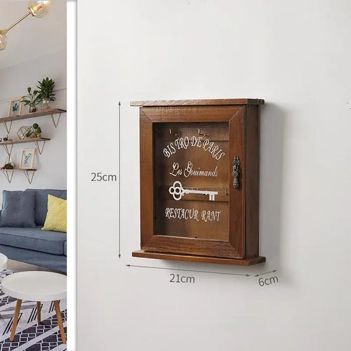 boîte rangement clés bois marron clair verre opalin rustique armoire murale couteau mesureur ruban