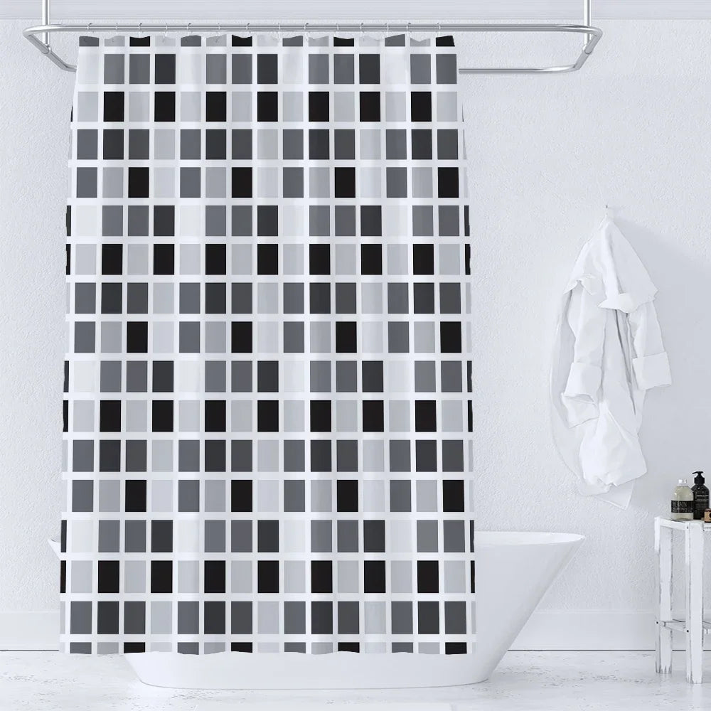 rideau douche moderne carreaux géométriques bleu gris feuilles tropicales opaques anneaux métalliques polyester