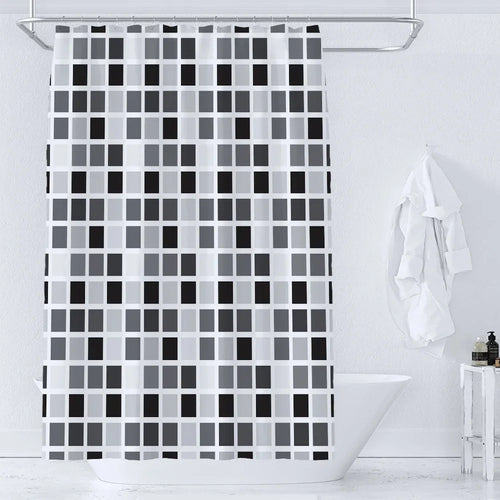 rideau douche moderne carreaux géométriques bleu gris feuilles tropicales opaques anneaux métalliques polyester