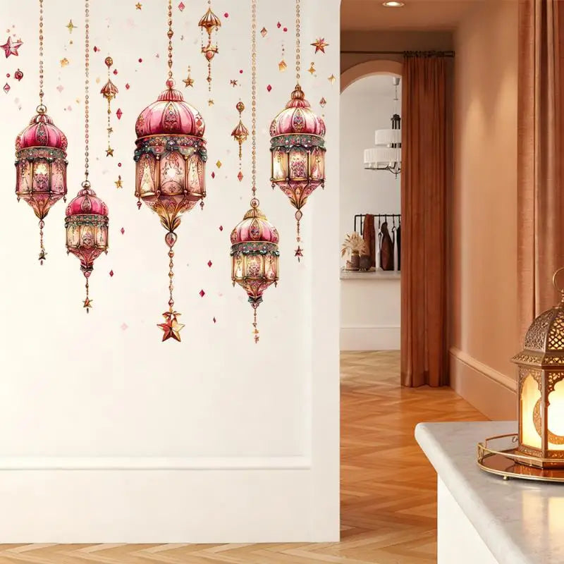 décoration ramadan stickers muraux lanternes colorées lune étoiles dorées floral violet vert rose artisanal