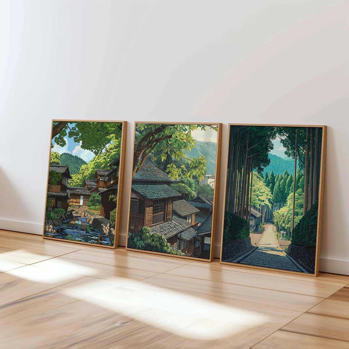 toile d'art paysage urbain traditionnel arbres maison route vert bleu brun beige sans cadre