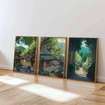 toile d'art paysage urbain traditionnel arbres maison route vert bleu brun beige sans cadre