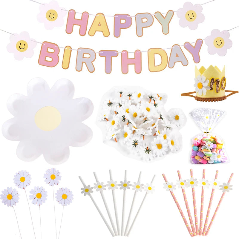 kit decoration anniversaire fleurs blanches accessoires table gâteau pailles sacs bonbons couronne festive