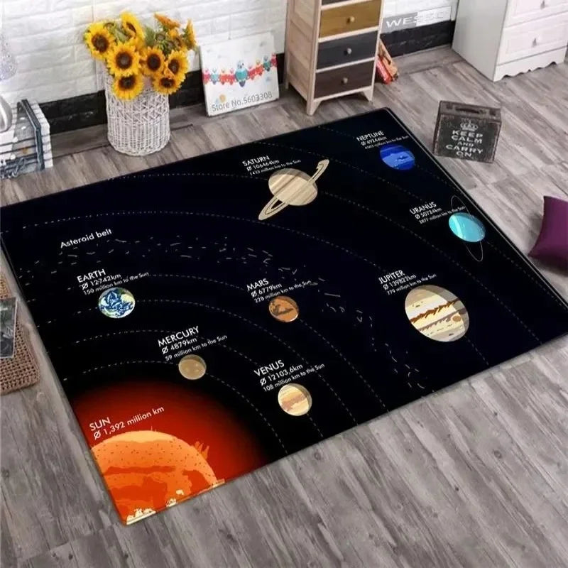 tapis moderne systèmes solaires planètes bleu foncé jaune orange gris chambre salon