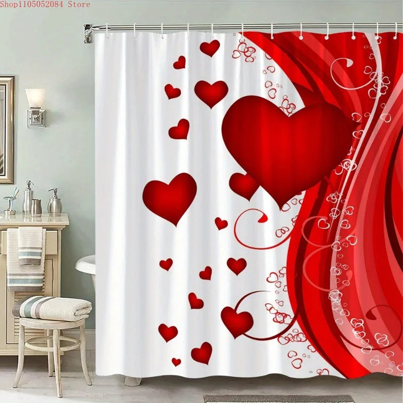 rideau douche moderne rouge coeurs blancs anti moisissure facile installer respectueux environnement durable