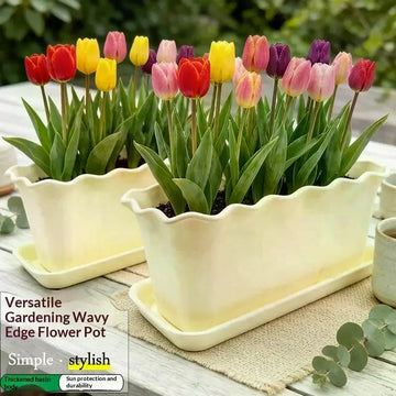 jardinière rectangulaire ondulée durable résistante uv blanc crème tulipes roses succulentes fleur moderne minimaliste