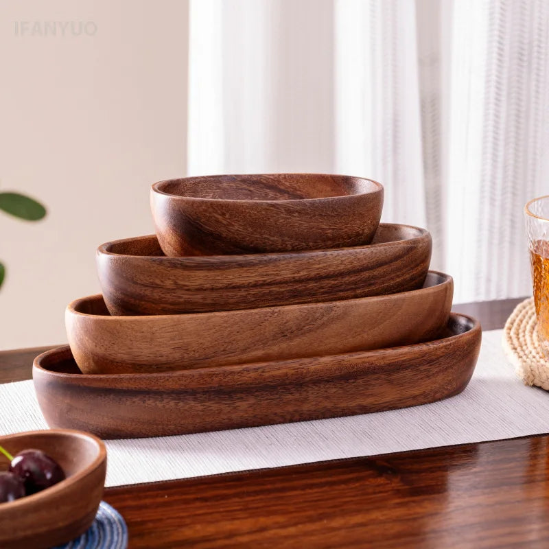 assiettes ovales bois marron foncé sushi plate rustique naturel tableware cuisine