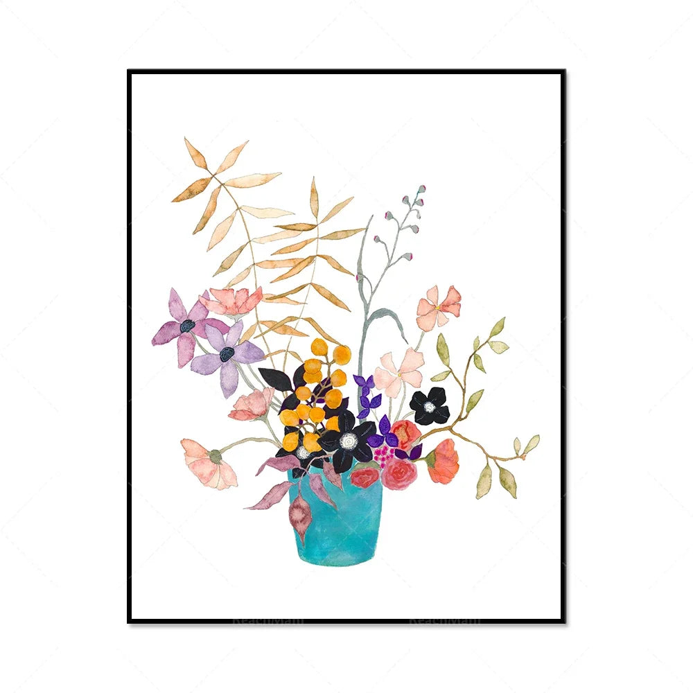 Magnifique bouquet de fleurs colorées dans un vase bleu turquoise, comprenant des fleurs violettes, orange, roses et feuilles vertes.