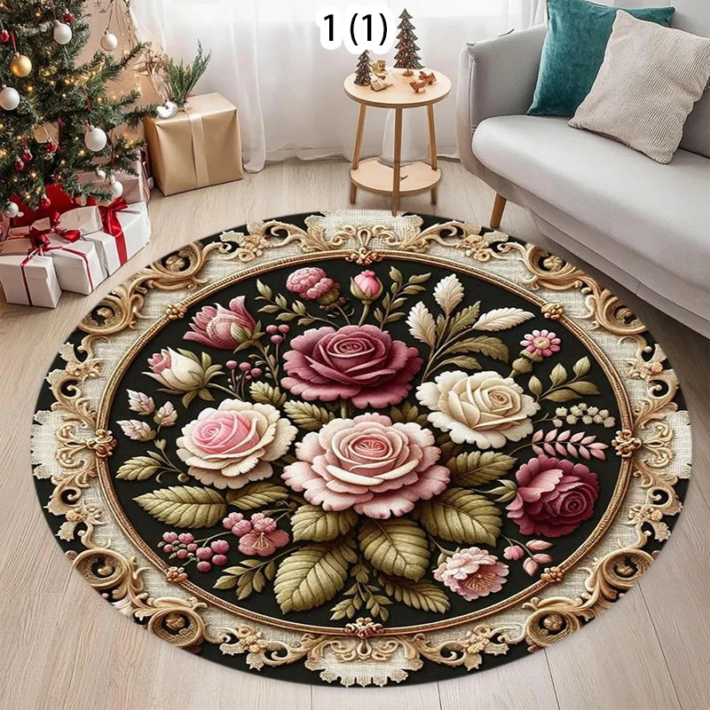 tapis rond fleur rose noir vert classique anti dérapant polyester polypropylène 40cm 80cm 120cm