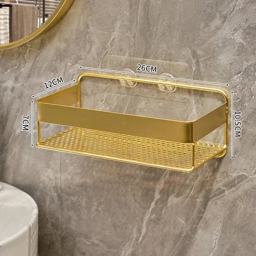 étagère murale moderne or clips salle bain accessoires cosmétiques brosses dents minimalistes produits toilette