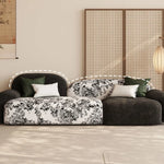 canapé moderne noir blanc fleurs motifs abstraits coussins plateau bois minimaliste italien scandinave