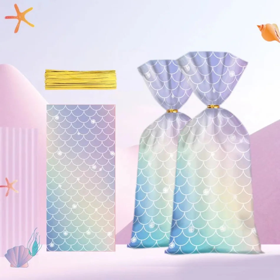 sacs cordon violet bleu vert blanc poisson moderne réception cadeau anniversaire enfants transparents dorés