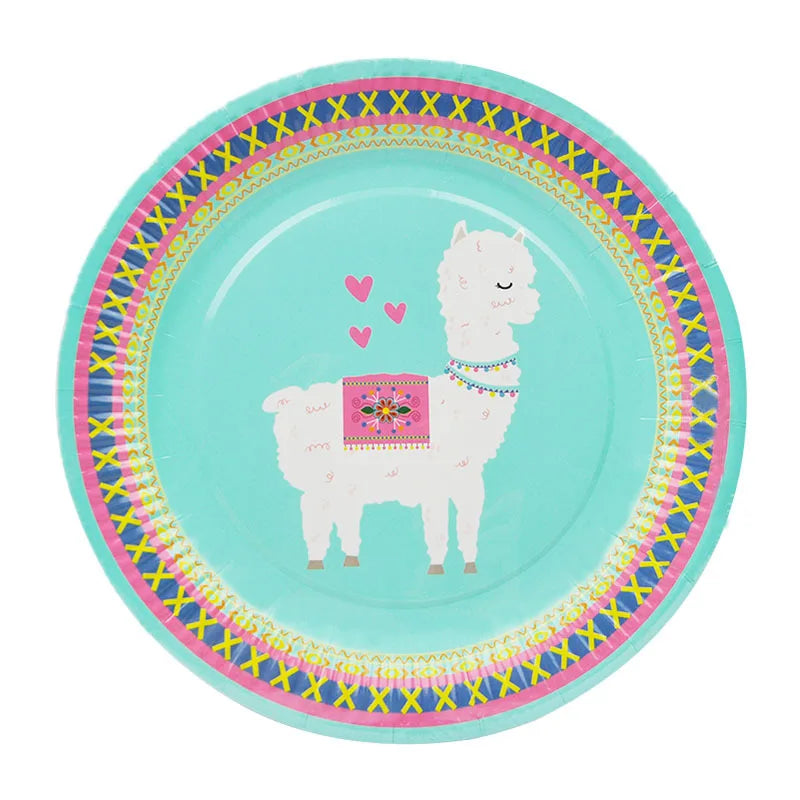 assiettes papier motif ethnique gobelets serviettes colorées alpaga coeurs rose bleu vert clair